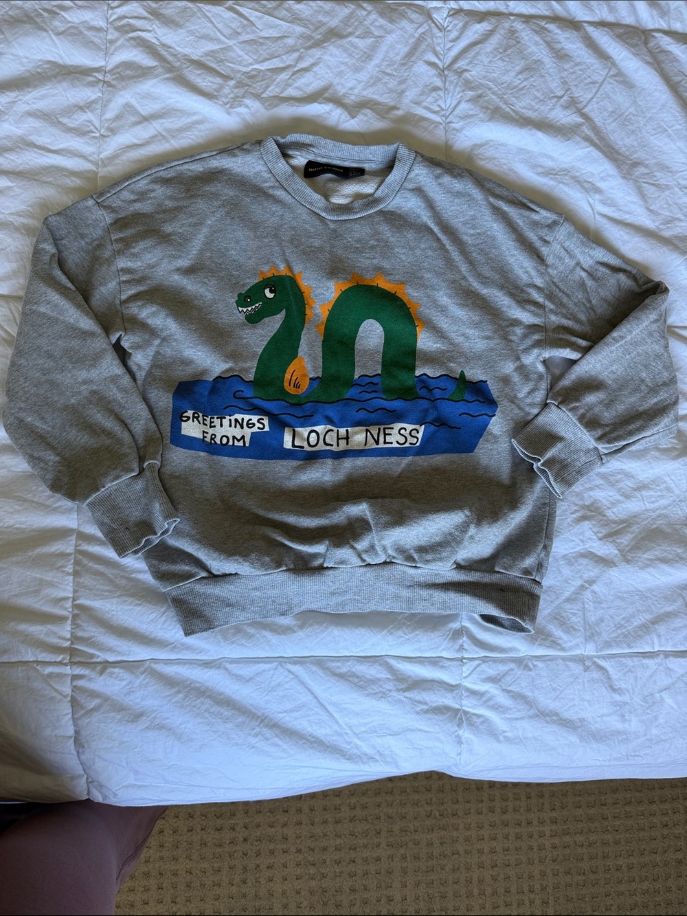 Mini Rodini Gray Crewneck with Green Loch Ness Graphic and Blue Accents